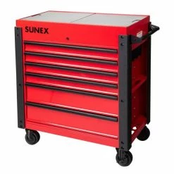 Promo π Sunex 6 DRAWER SLIDE TOP SERVICE CART W/POWER STRIP RED 8035XTFD π